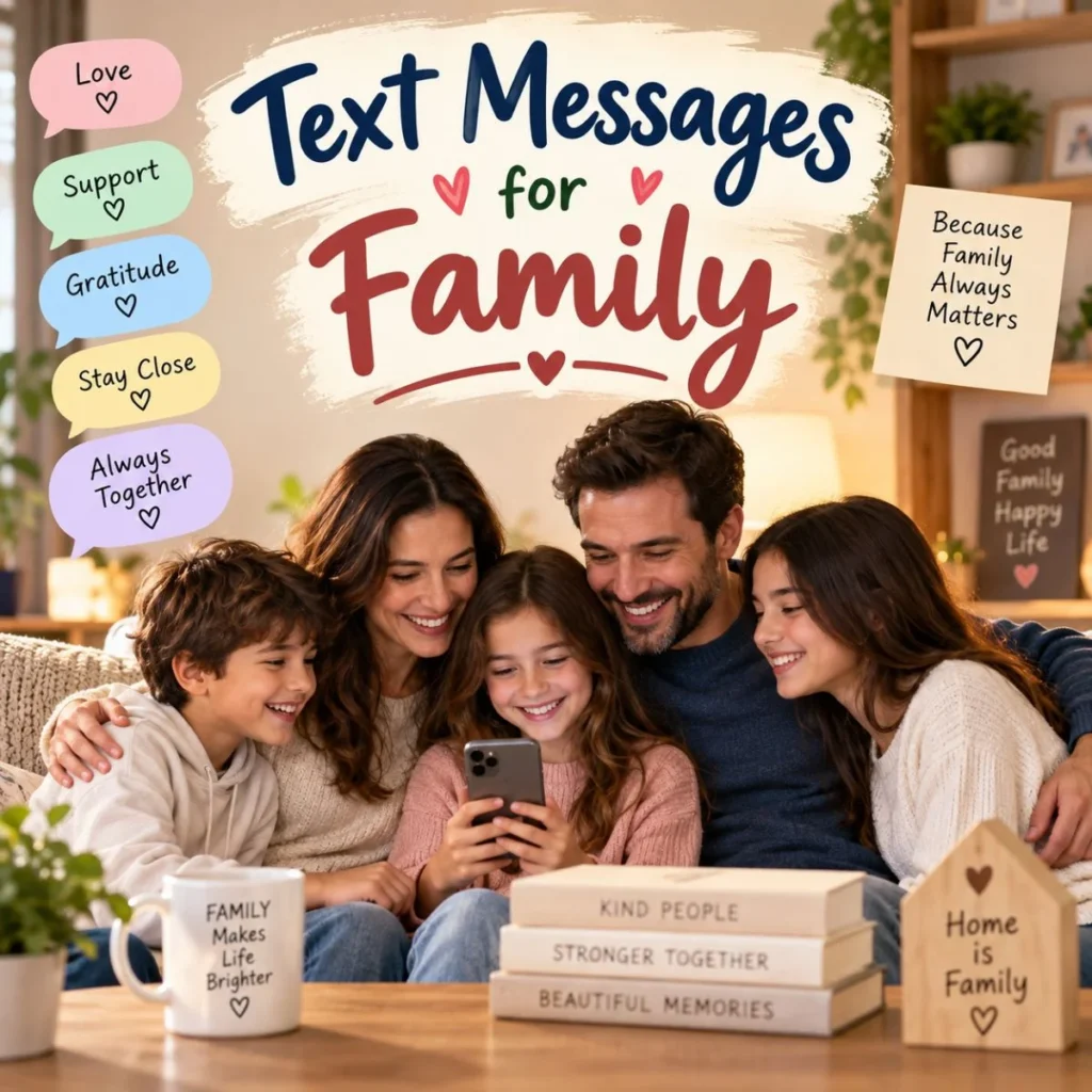 Happy family sharing a phone together with text messages for family and love-filled speech bubbles