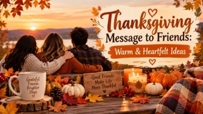 Thanksgiving message to friends with warm autumn scenery, pumpkins, candles, and heartfelt friendship decor