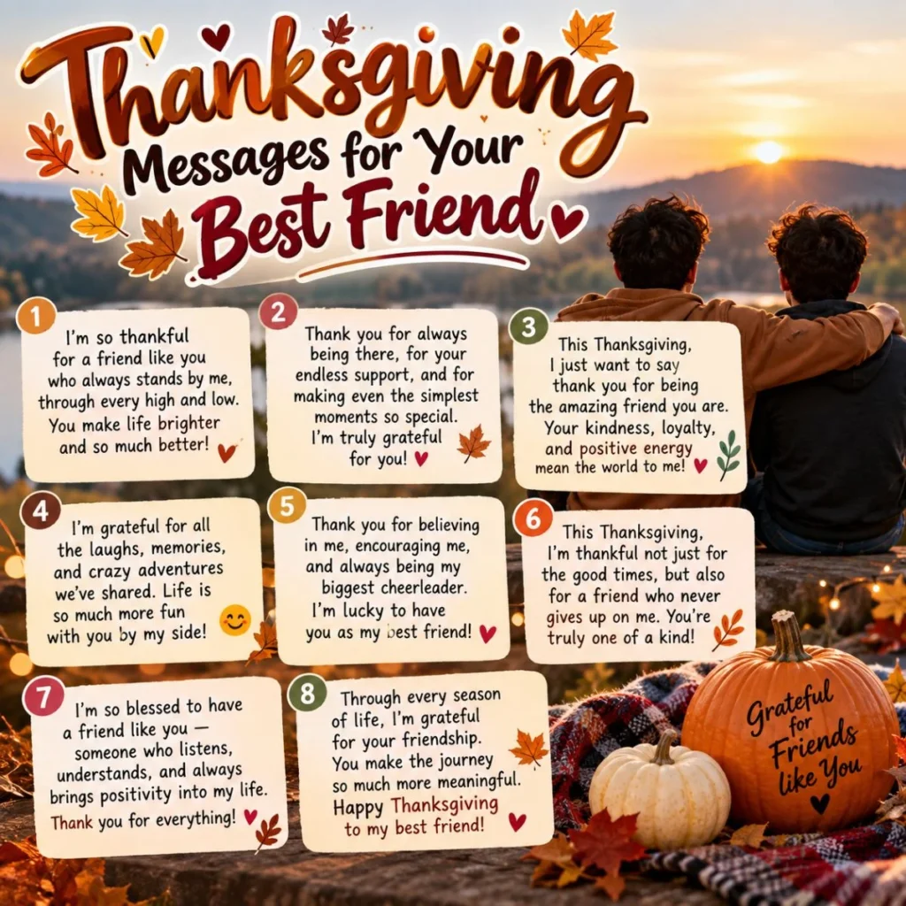 Thanksgiving messages for your best friend with autumn leaves, pumpkins, and friends watching the sunset