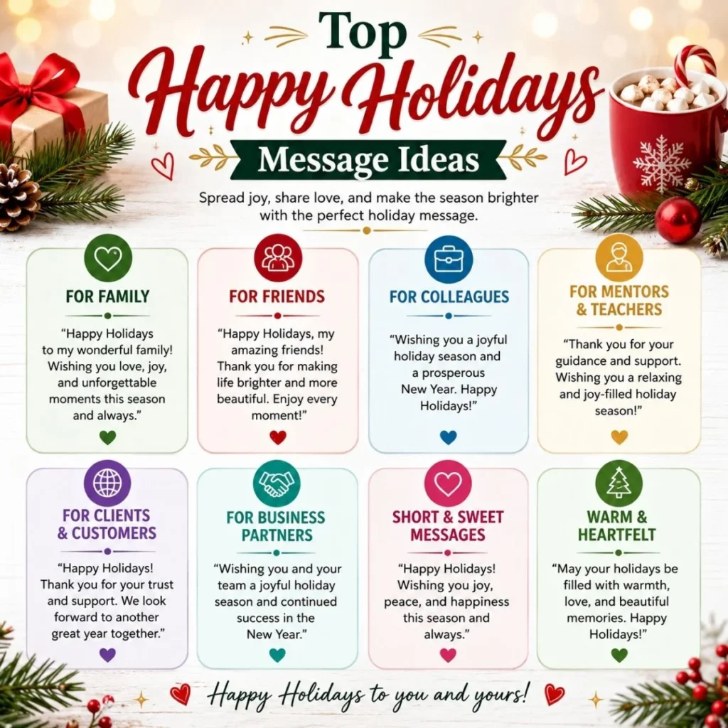 Top Happy Holidays message ideas for family, friends, colleagues, and loved ones