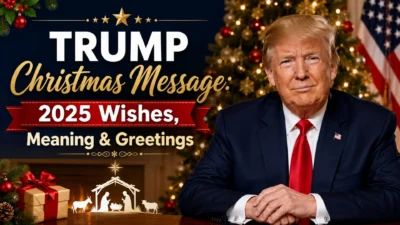 Trump Christmas Message 2025 with festive tree, American flag, gifts, and nativity scene