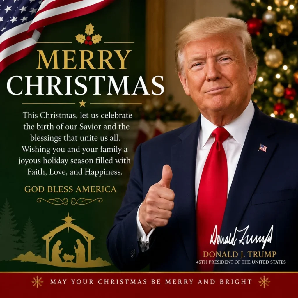 Donald Trump Christmas message graphic with festive tree, American flag, nativity scene, and holiday greeting