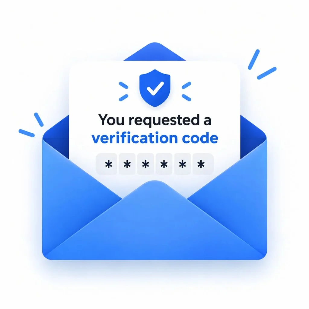 Blue verification code card with shield icon and secure six-digit code illustration