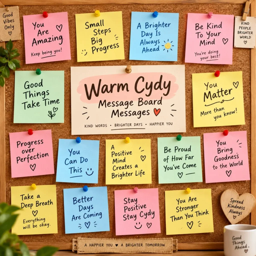 Warm Cydy message board with colorful uplifting notes, kind words, hearts, and positive reminders