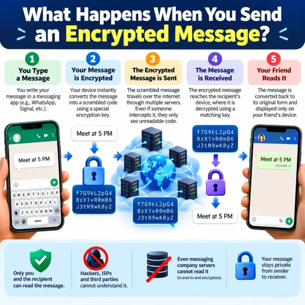 How encrypted messages are sent, scrambled, transmitted, decrypted, and safely read by the recipient