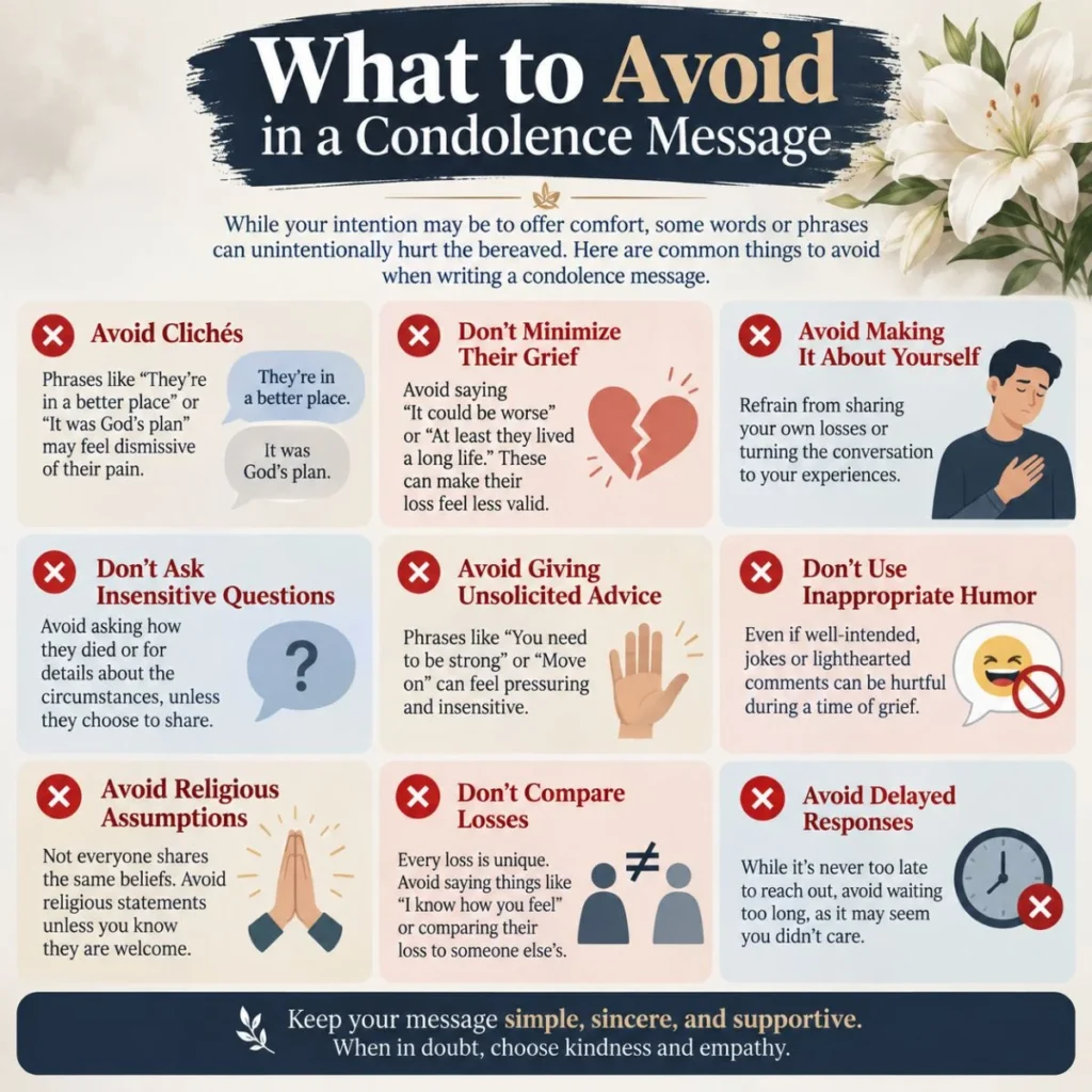 What to avoid in a condolence message, including clichés, insensitive questions, advice, and comparisons
