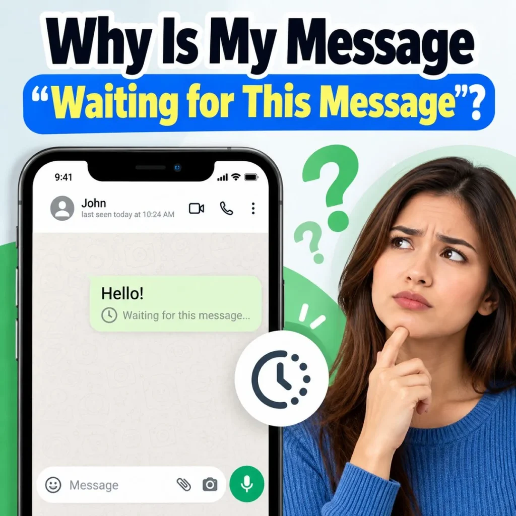 WhatsApp message showing “Waiting for this message” with a confused woman wondering why it is delayed