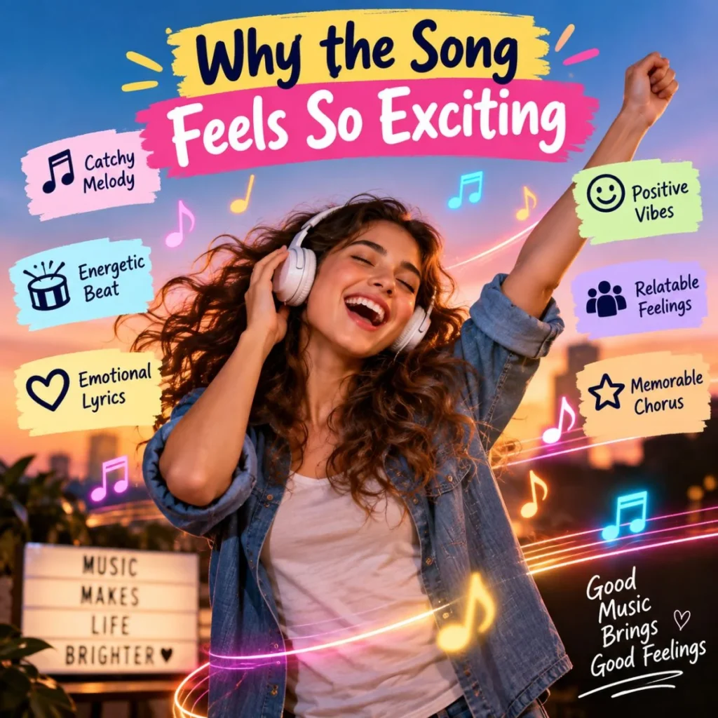 Young woman enjoying an exciting song with headphones, music notes, and colorful positive vibes