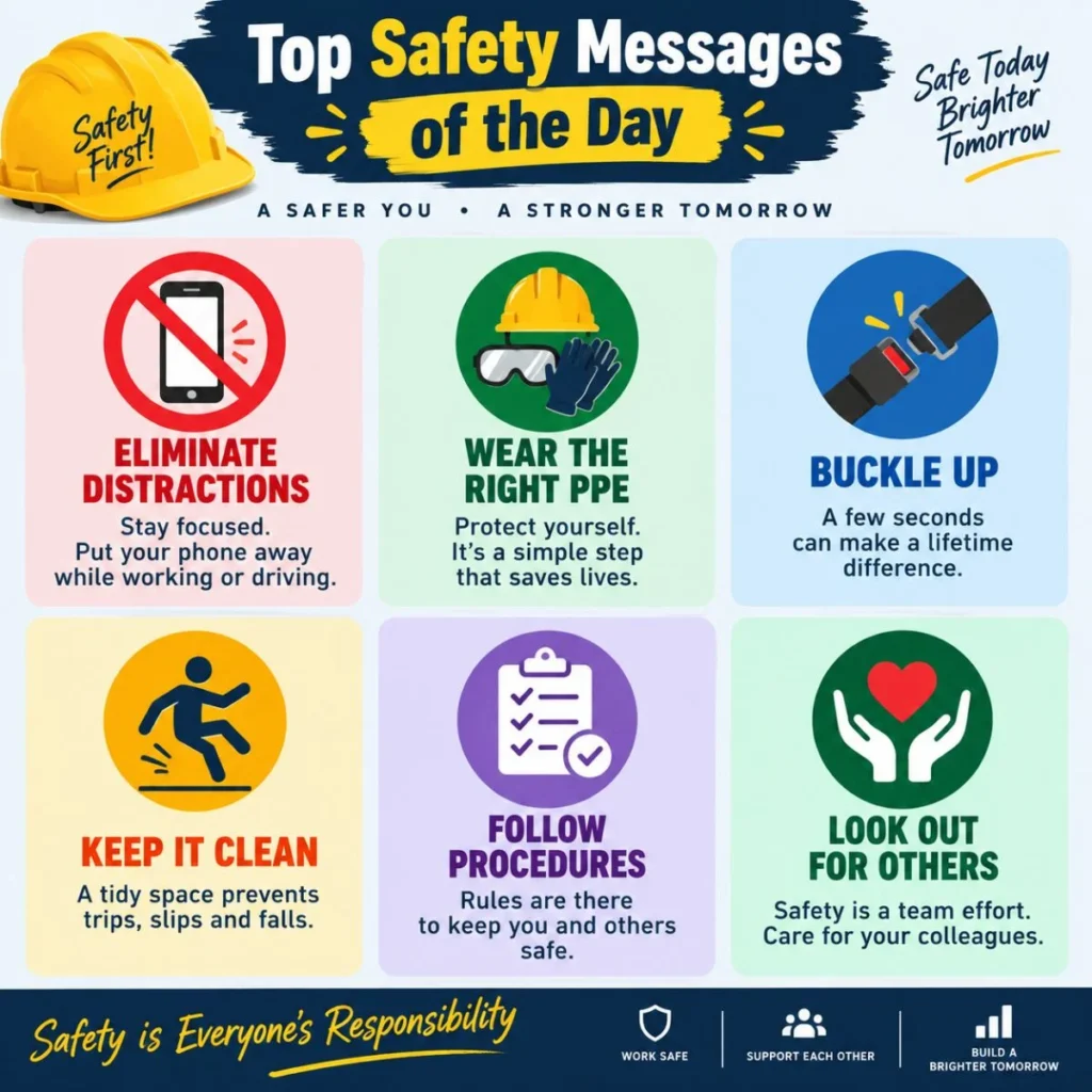 Top safety messages of the day with tips on PPE, seat belts, cleanliness, procedures, and teamwork