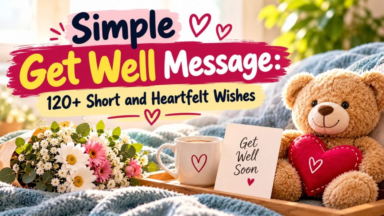 Simple get well message with heartfelt wishes, a teddy bear, red heart, flowers, and a get well soon card.