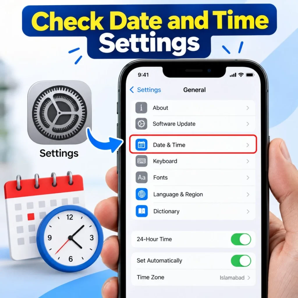 Check iPhone date and time settings with the Date & Time option highlighted