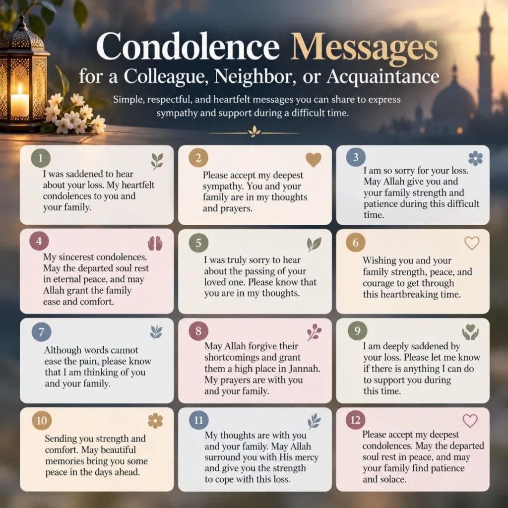12 heartfelt condolence messages for a colleague, neighbor, or acquaintance with a peaceful floral background.