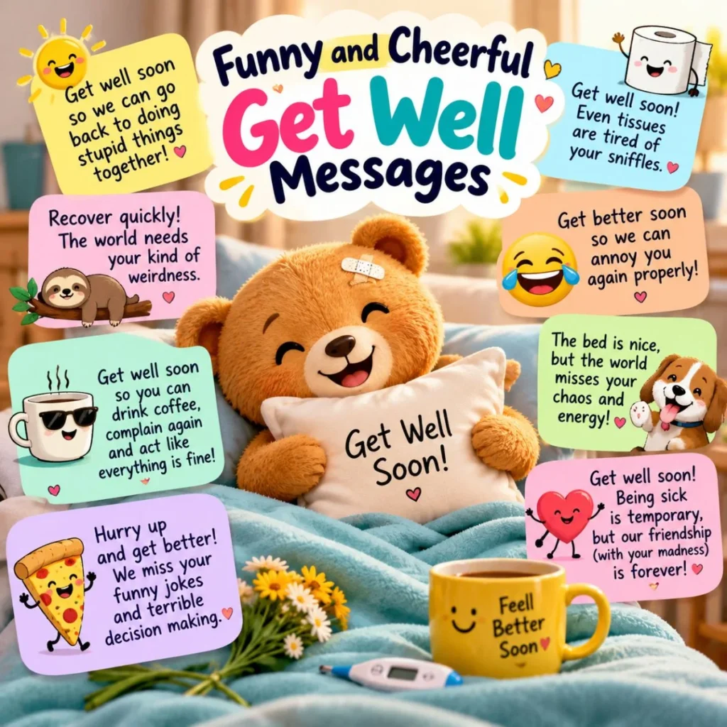 Funny and cheerful get well messages with a smiling teddy bear, colorful cards, and playful recovery wishes