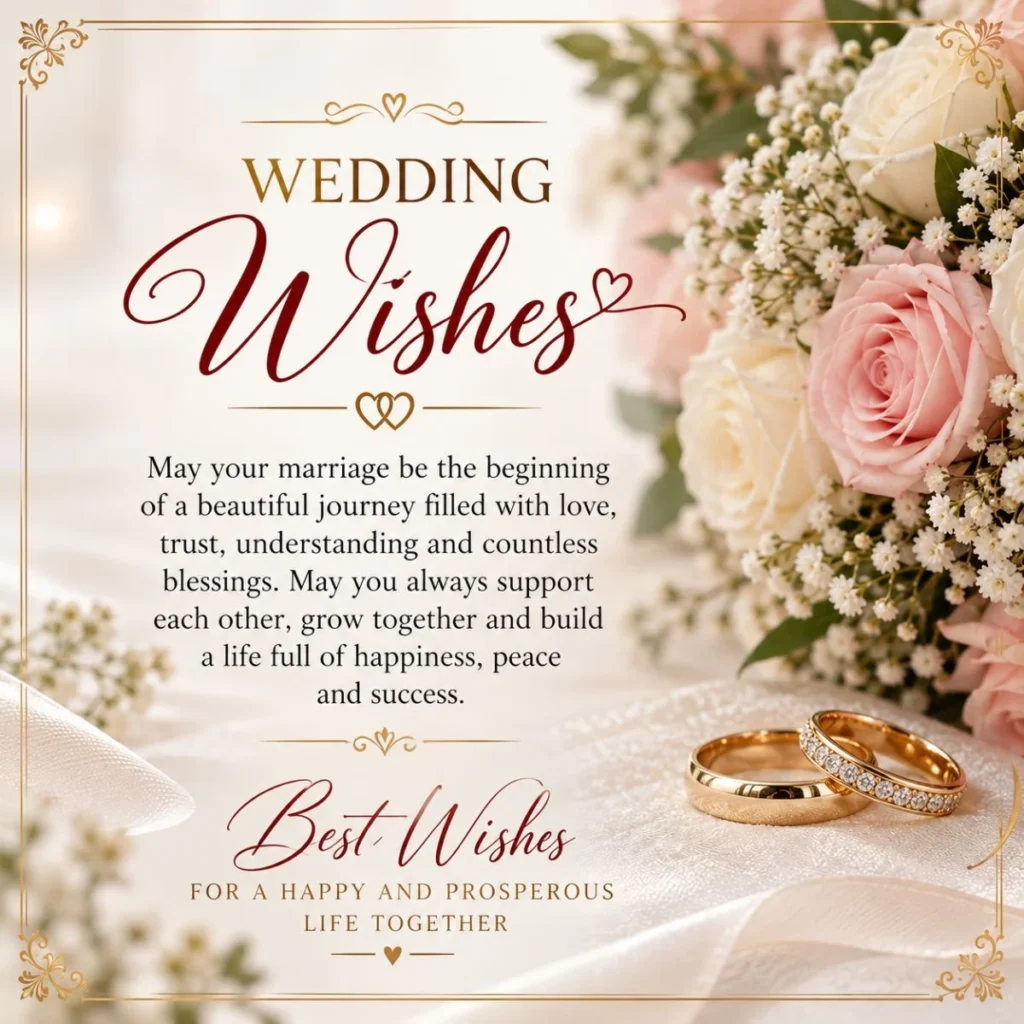 Formal wedding wishes card with elegant roses, gold wedding rings, and heartfelt marriage blessings