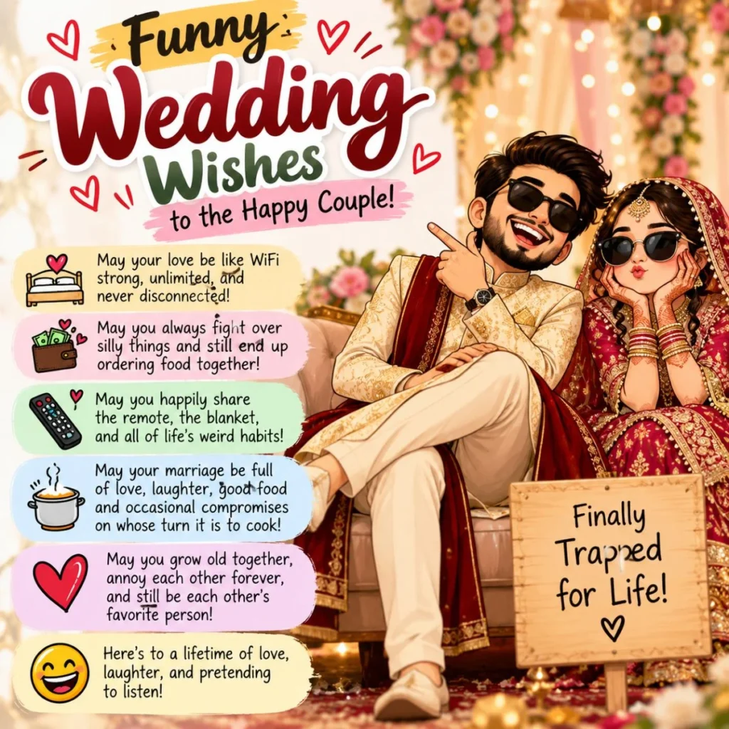 Funny wedding wishes messages with a cheerful bride and groom celebrating love and laughter