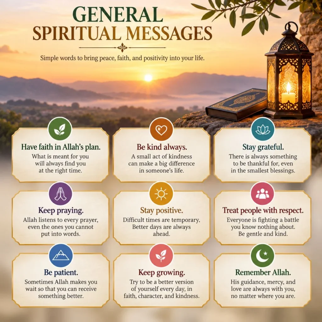 General spiritual messages about faith, kindness, gratitude, prayer, patience, and remembering Allah at sunrise.