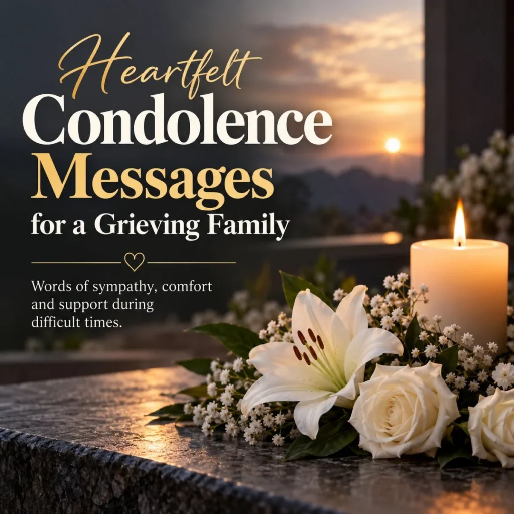 Heartfelt condolence messages for a grieving family with white lilies, roses, and a glowing candle at sunset.