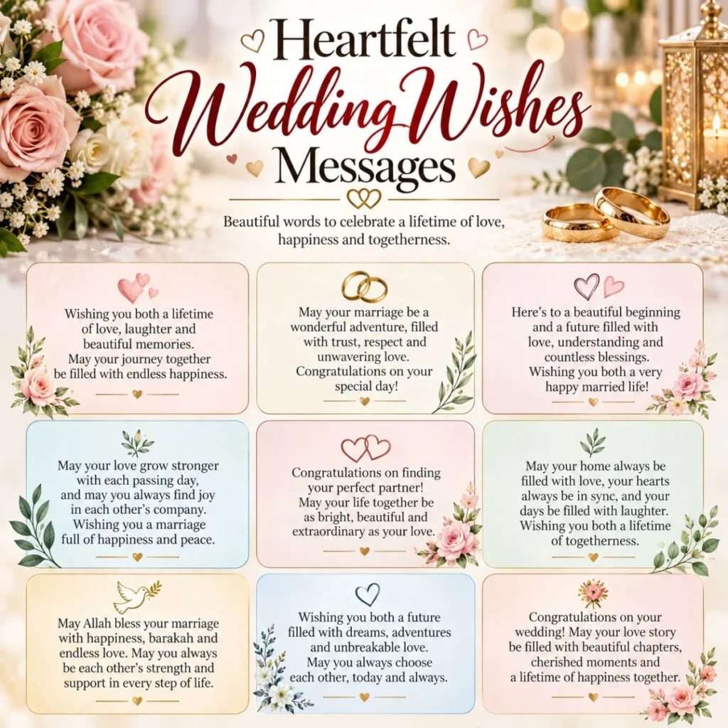 Heartfelt wedding wishes messages with romantic floral decorations, wedding rings, and loving marriage blessings