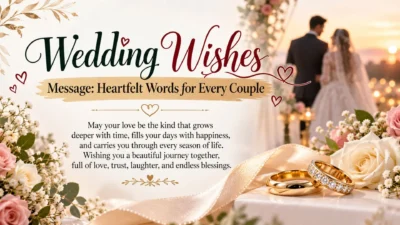 Heartfelt wedding wishes message with romantic couple, wedding rings, roses, and elegant floral decorations