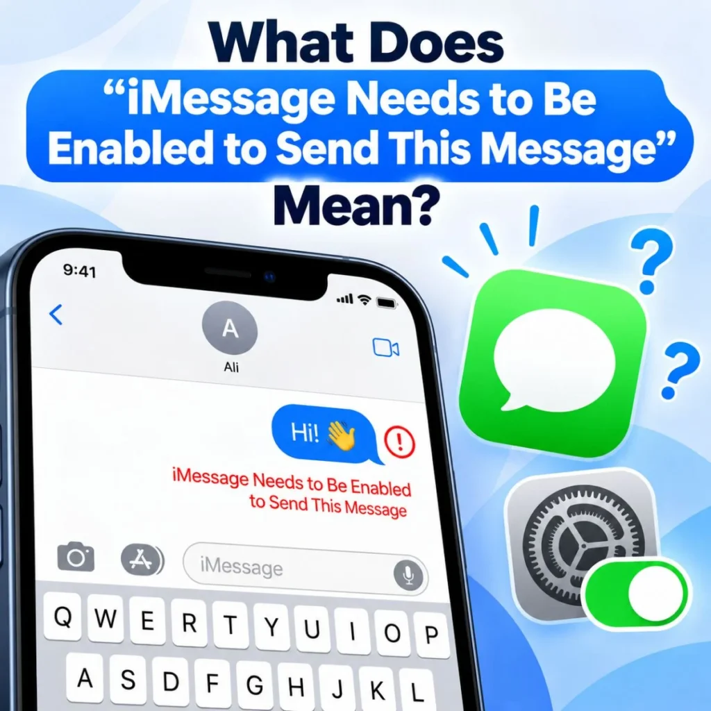 iMessage needs to be enabled error shown on an iPhone Messages screen with settings and Messages icons