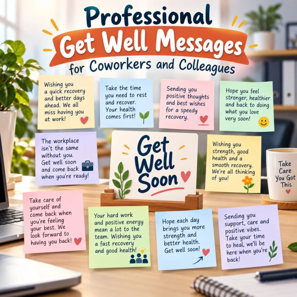 Professional get well messages for coworkers and colleagues displayed on colorful notes in a bright office setting.
