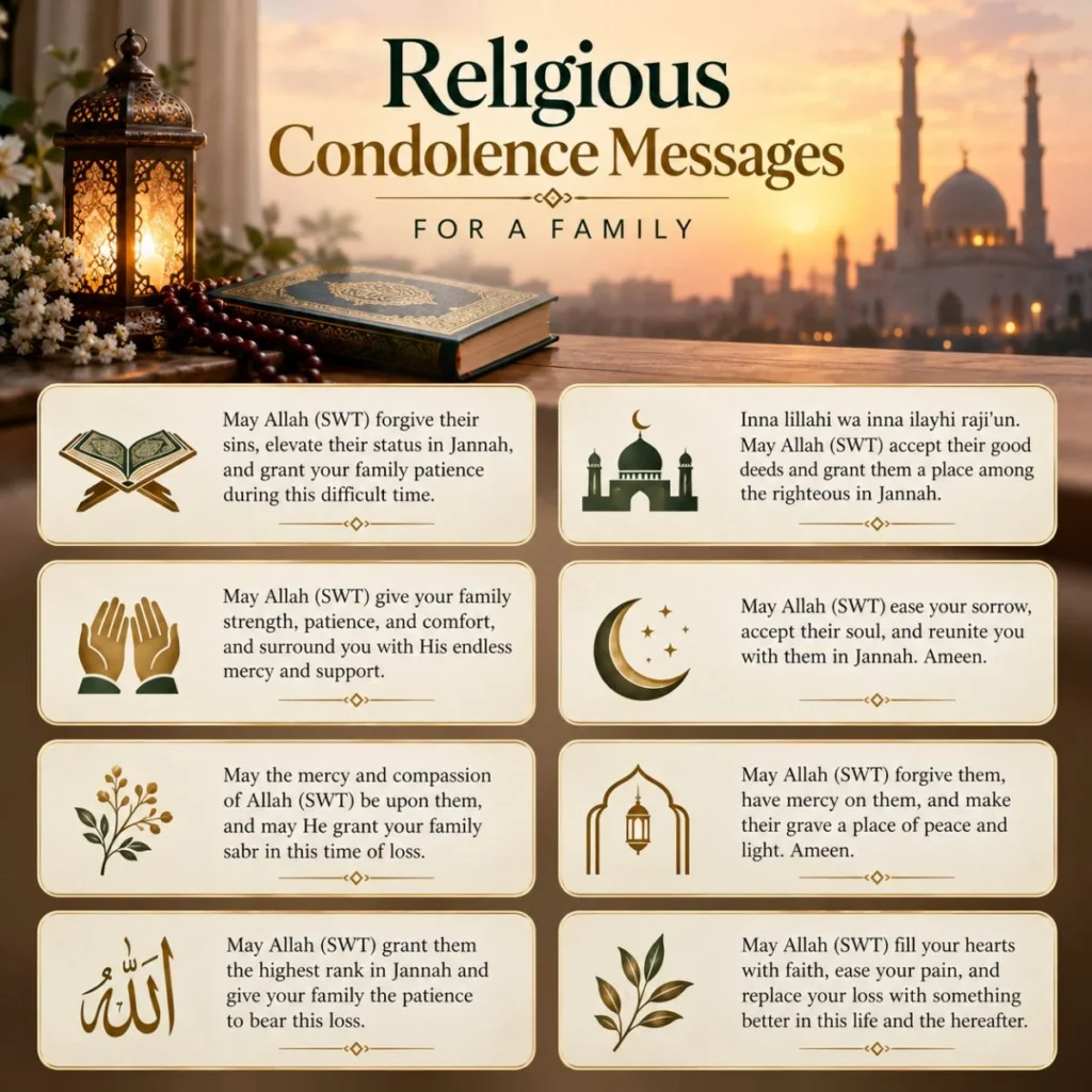 Religious condolence messages for a grieving family with Islamic prayers, a mosque, Quran, and warm sunset background.