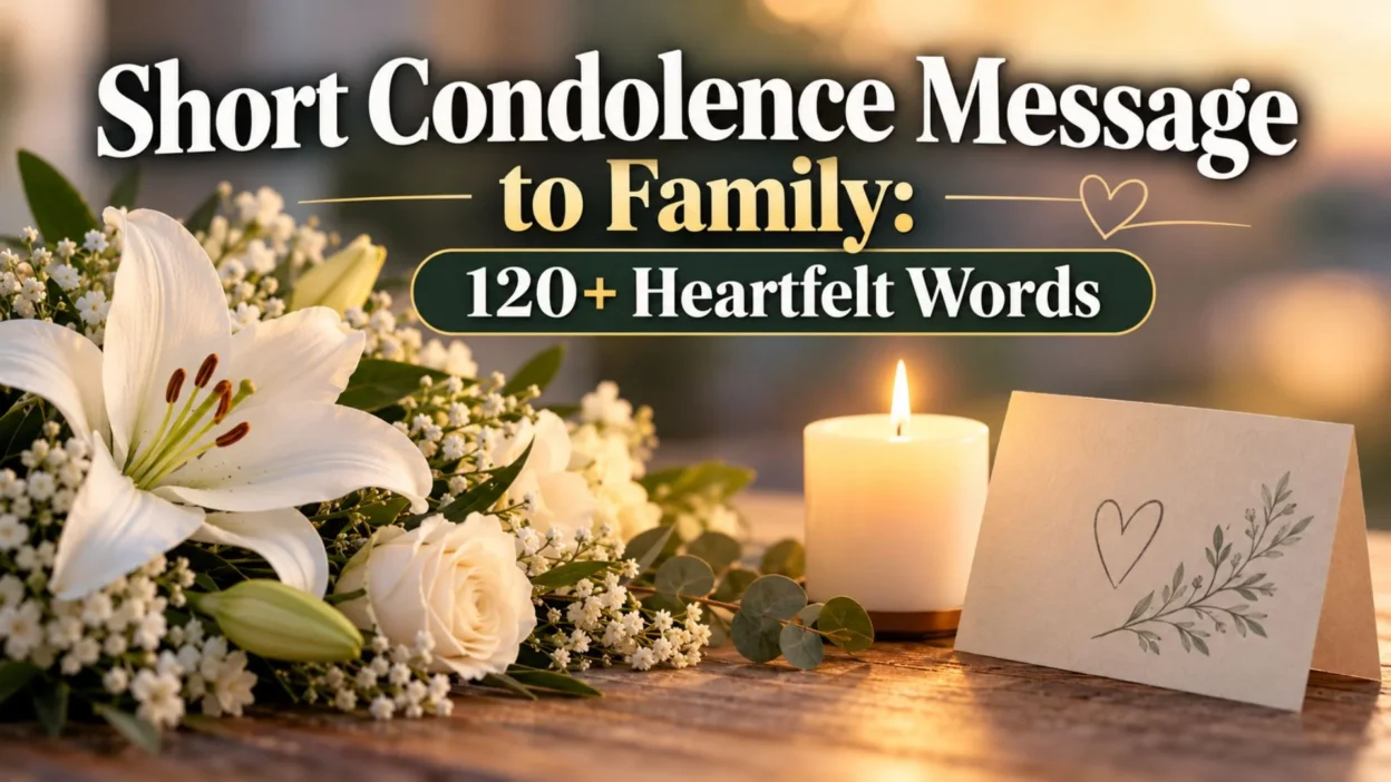 Short condolence message to family featuring white lilies, a glowing candle, and heartfelt words of sympathy.