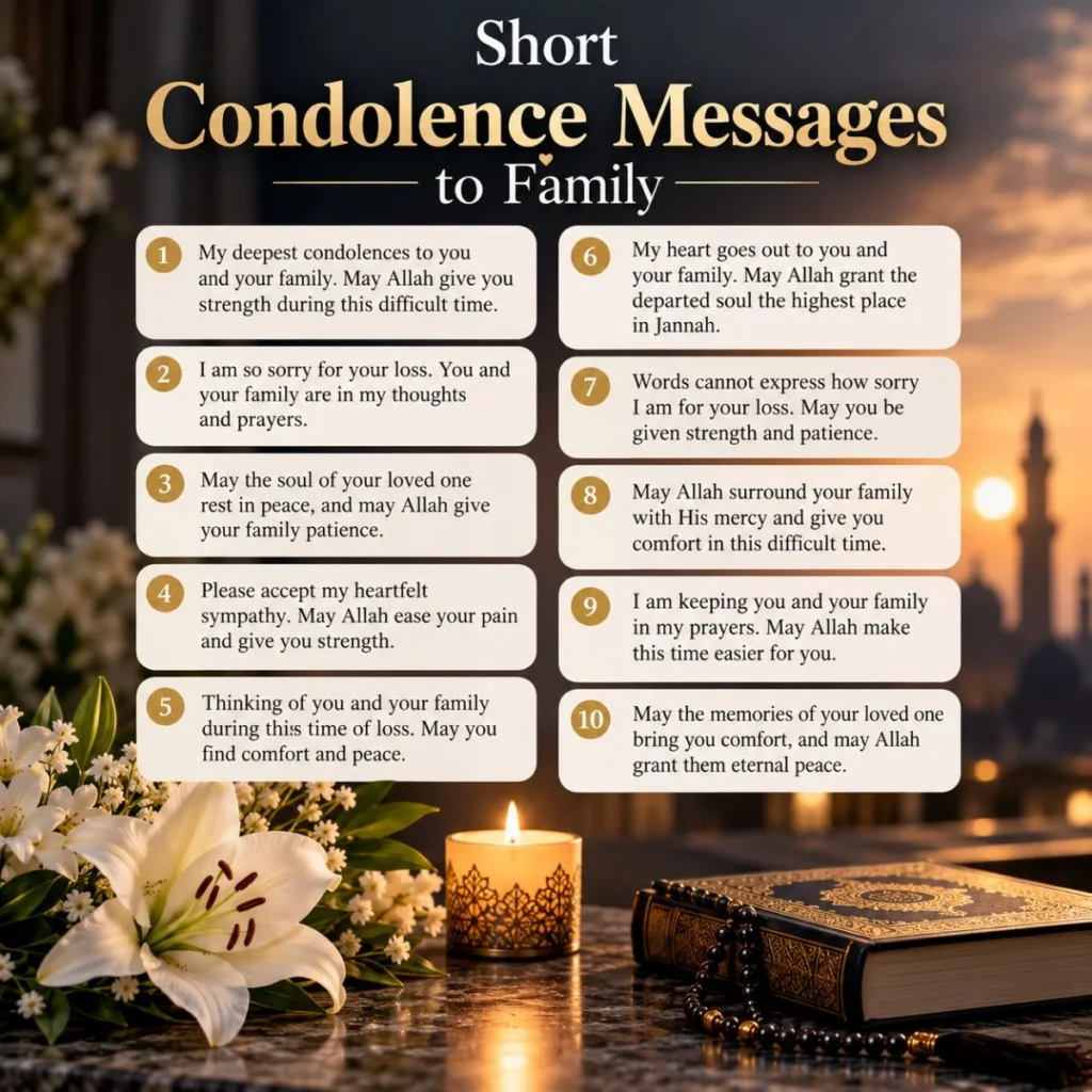 Short condolence messages to family with heartfelt sympathy, prayers, white lilies, and a peaceful memorial setting.