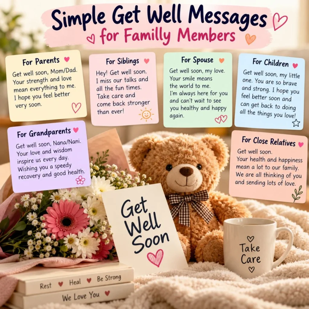 Simple get well messages for family members with heartfelt wishes, flowers, a teddy bear, and a get well soon card