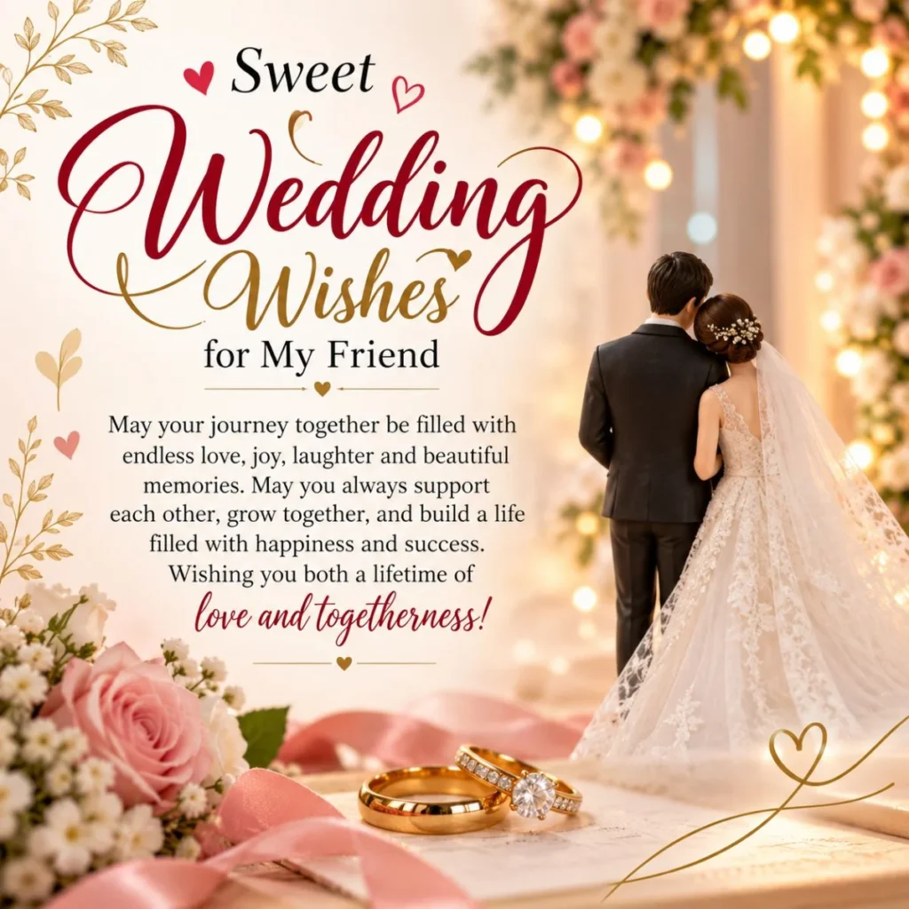 Sweet wedding wishes for a friend with romantic bride and groom, wedding rings, and flowers