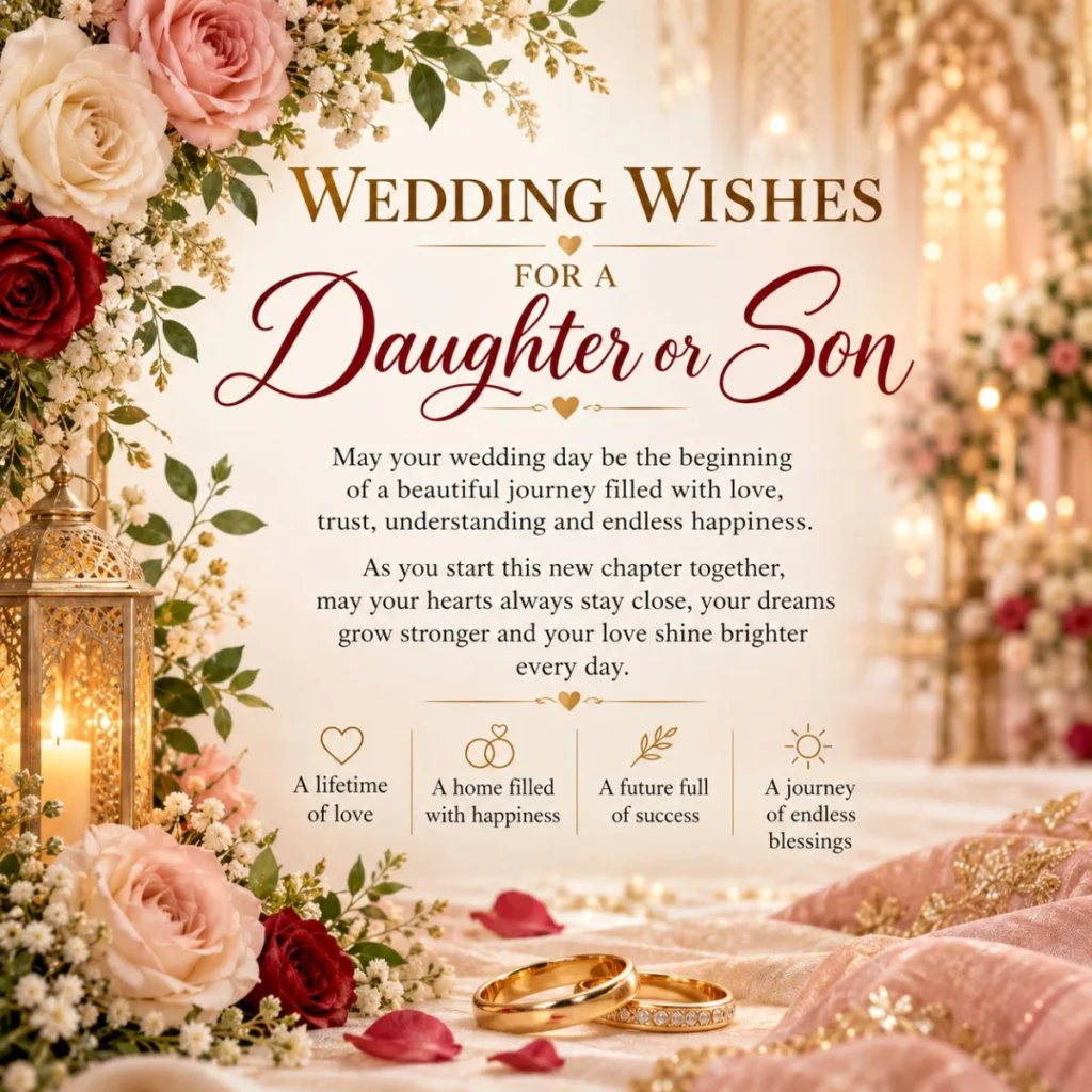 Elegant wedding wishes for a daughter or son with flowers, rings, and heartfelt blessings