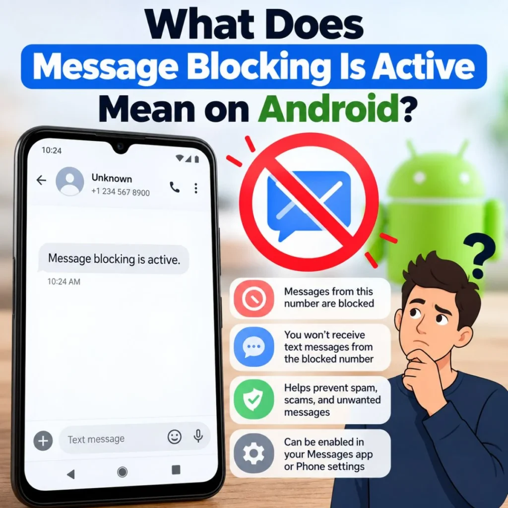 What does message blocking is active mean on Android? Phone screen showing blocked text messages.